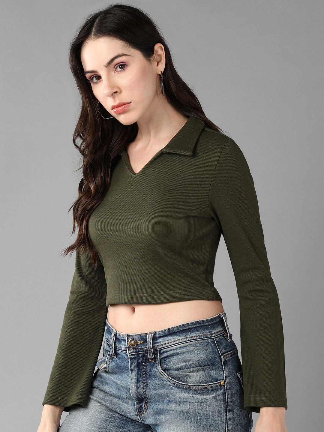 Ribbed Bell Sleeve Fitted Crop Top