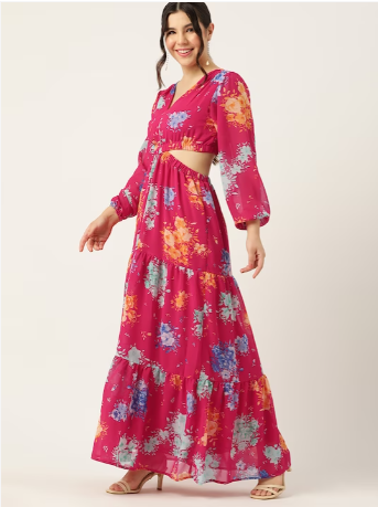 Floral Print Cut-Outs Tiered Maxi Dress