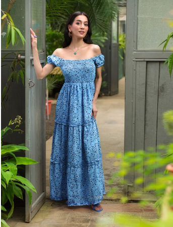 Floral Print Off-Shoulder Smocked Maxi Dress