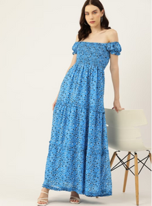 Floral Print Off-Shoulder Smocked Maxi Dress