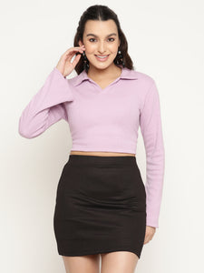 Lilac Ribbed Polo Flared Sleeve Cropped Top